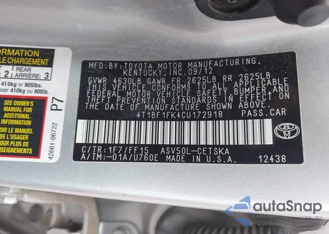 2012 Toyota Camry Se z USA, uszkodzony, nr VIN 4T1BF1FK4CU172918